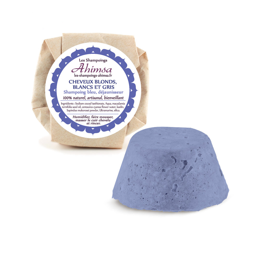 Shampoing solide bleu 70g pour cheveux blonds, blancs et gris