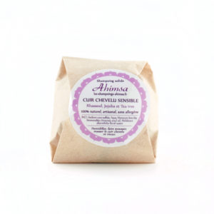 Shampoing Ahimsa - Shampoing solide - Cuir chevelu sensible - Vue de face avec emballage